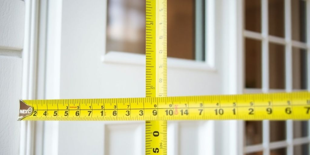 Measuring tape on a storm door for sizing.