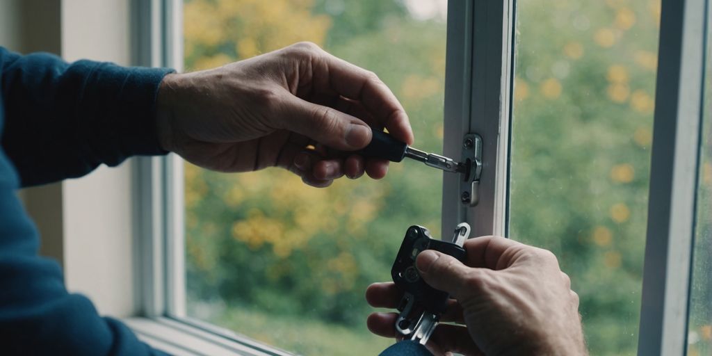 Close-up of hands fixing a window latch securely