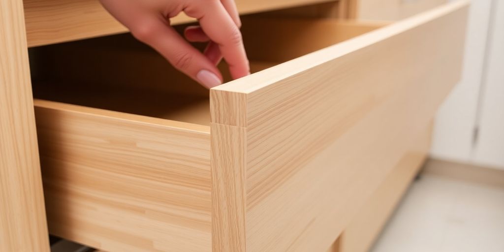 Close-up of hands adjusting self-closing cabinet drawers.