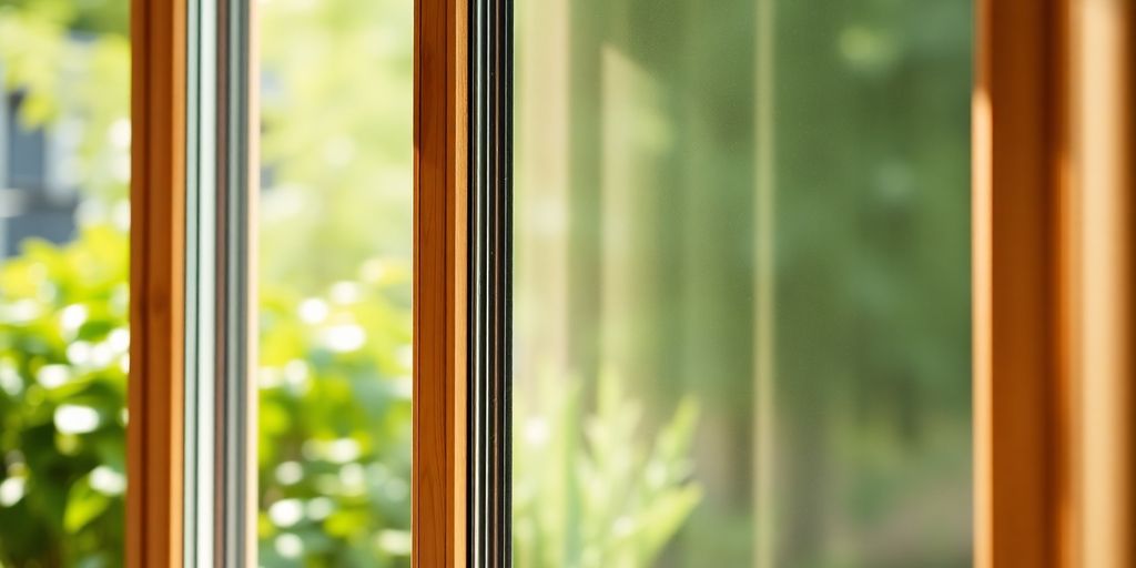 Photograph of a single hung window with greenery background.