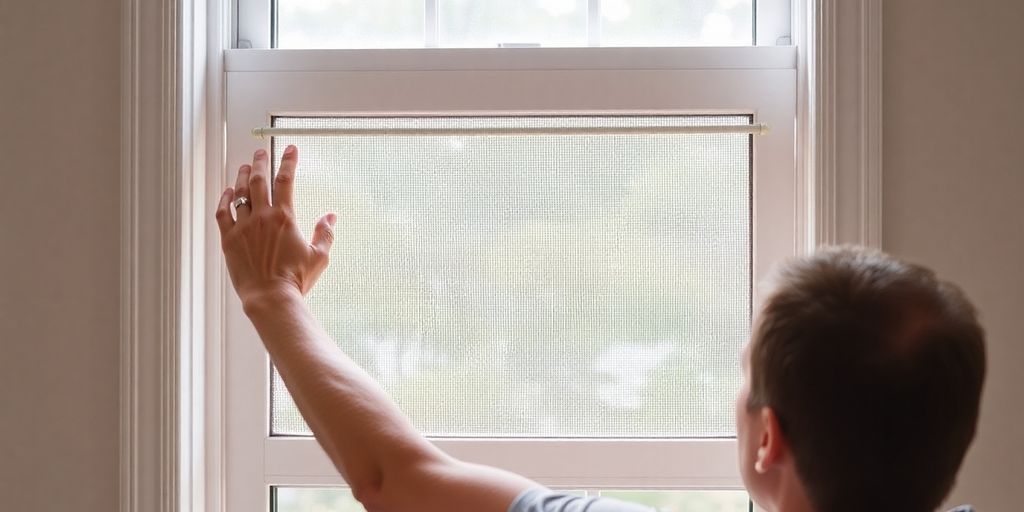 Person placing a screen into a window frame.