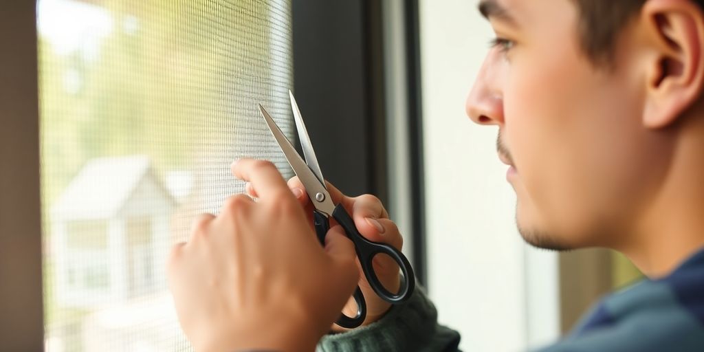 Person repairing a window screen with tools and mesh.
