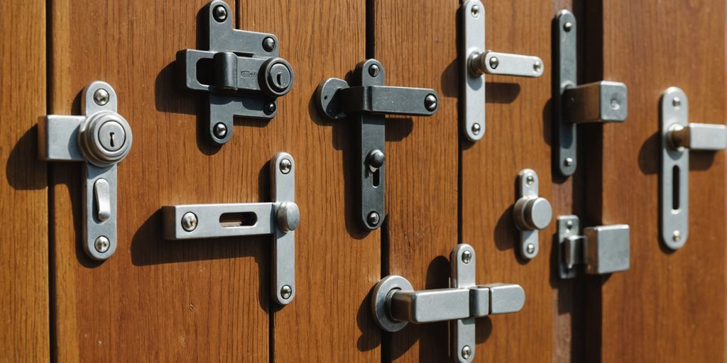 Various window latches on a wooden surface