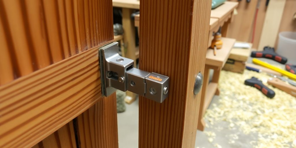 Wooden screen door with hinges in a workshop setting.