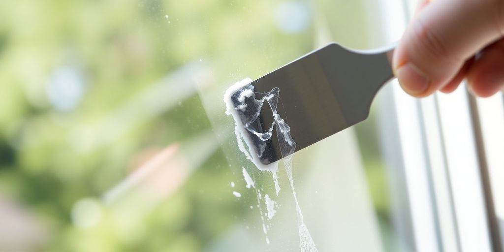 Hand scraping glazing from a window surface.