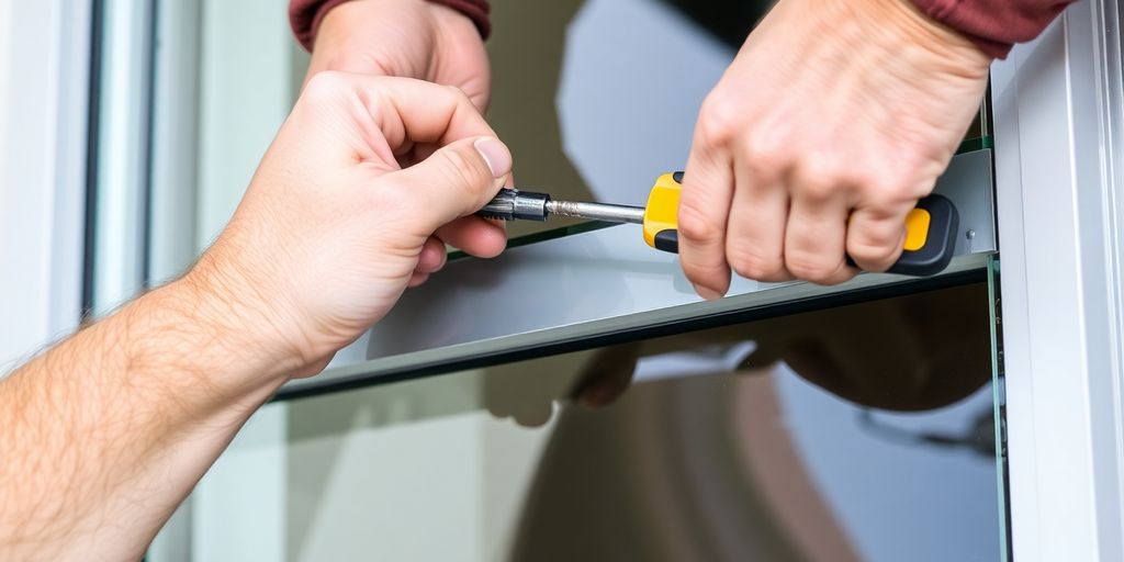 Person replacing window glass in metal frame.