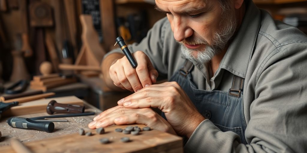 Craftsman applying mending plates to wooden boards.