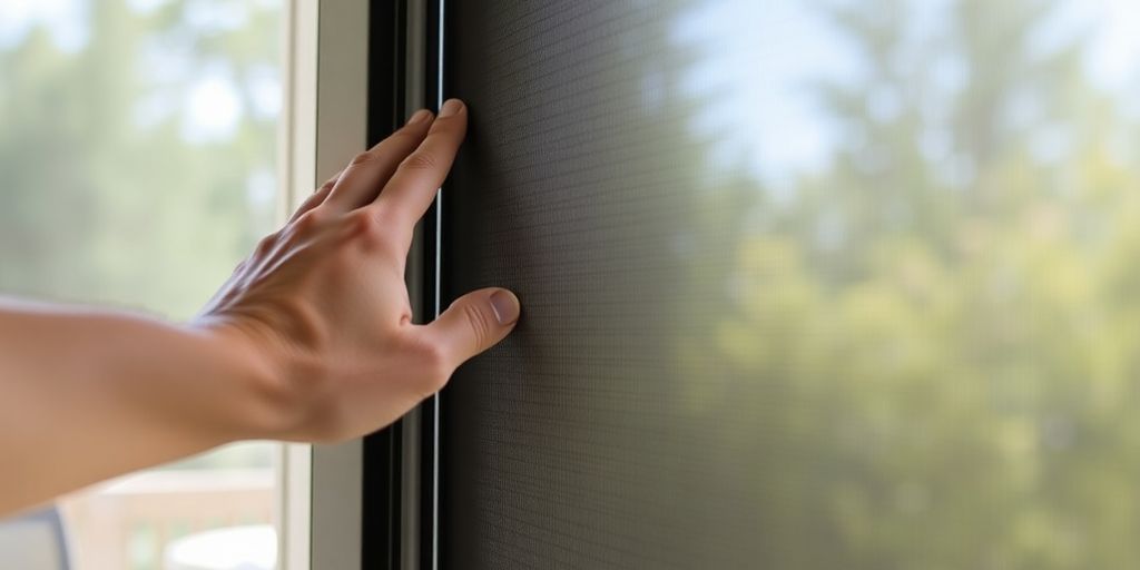 Close-up of a sliding screen door in use.