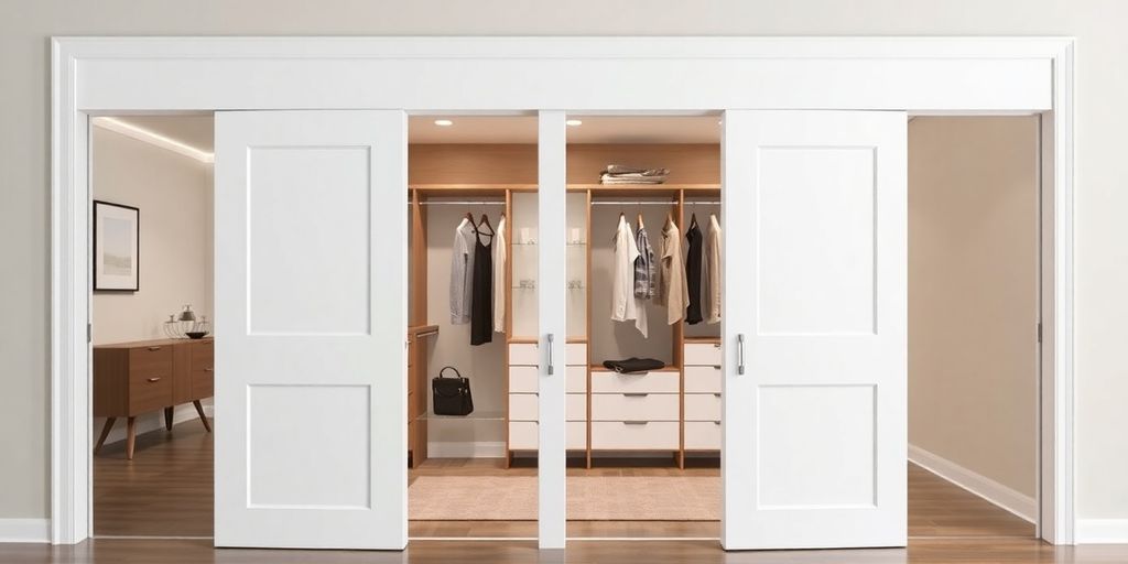 Modern bypass closet doors in a contemporary room.