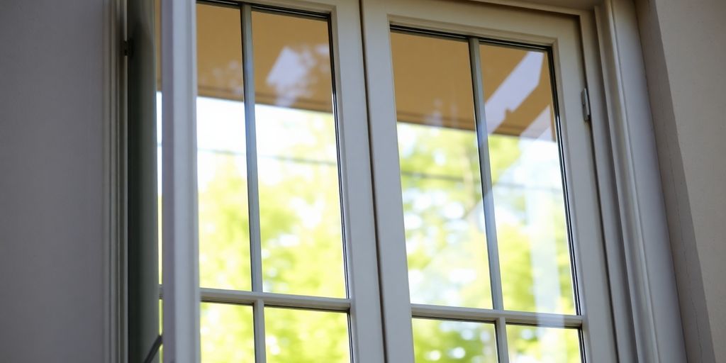 Close-up of a double hung window with open sashes.