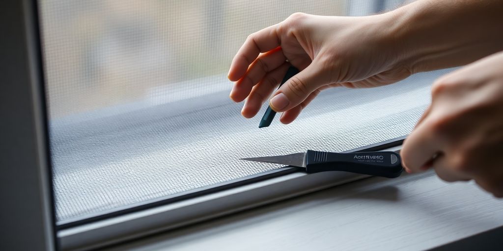 Person repairing a window screen with tools and mesh.