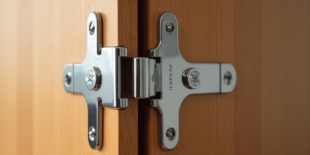 Close-up of pivot hinges on a wooden door.