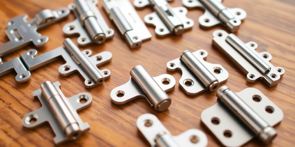 Various cabinet hinges on a wooden surface for selection.