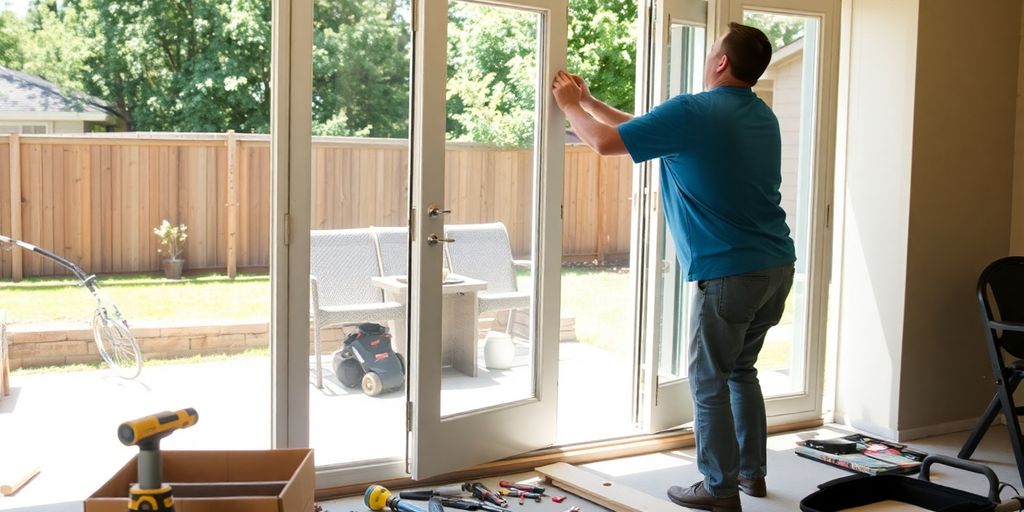 Person replacing a patio door in a sunny backyard.