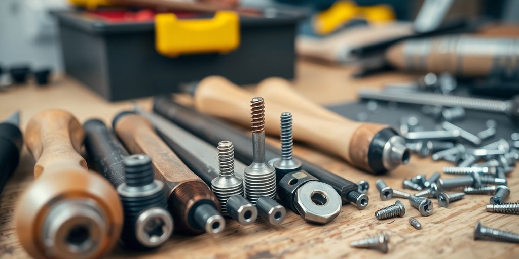 Assorted screw removal tools on a wooden workbench.