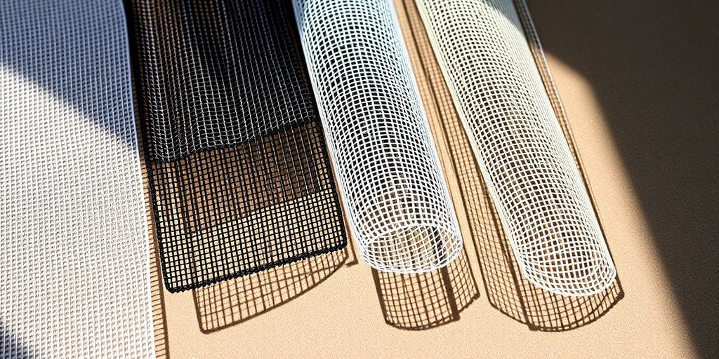 Different types of screen mesh laid out on wood.