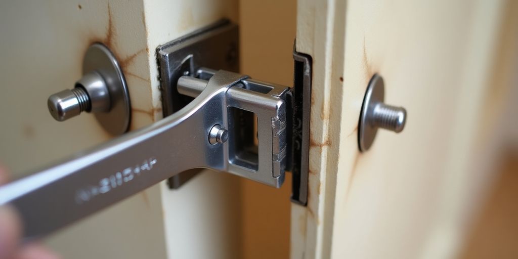 Close-up of Allen wrench adjusting door hinges.