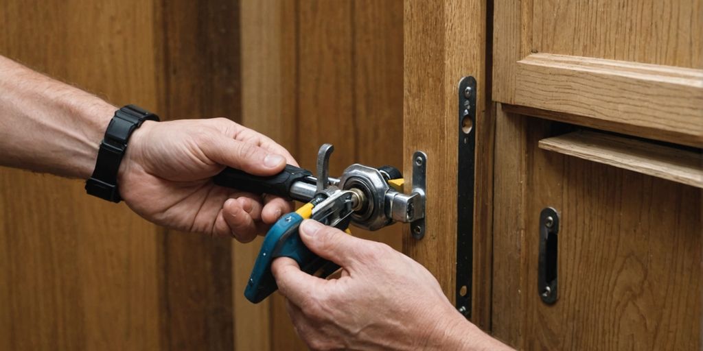 Person replacing sliding door handle with tools
