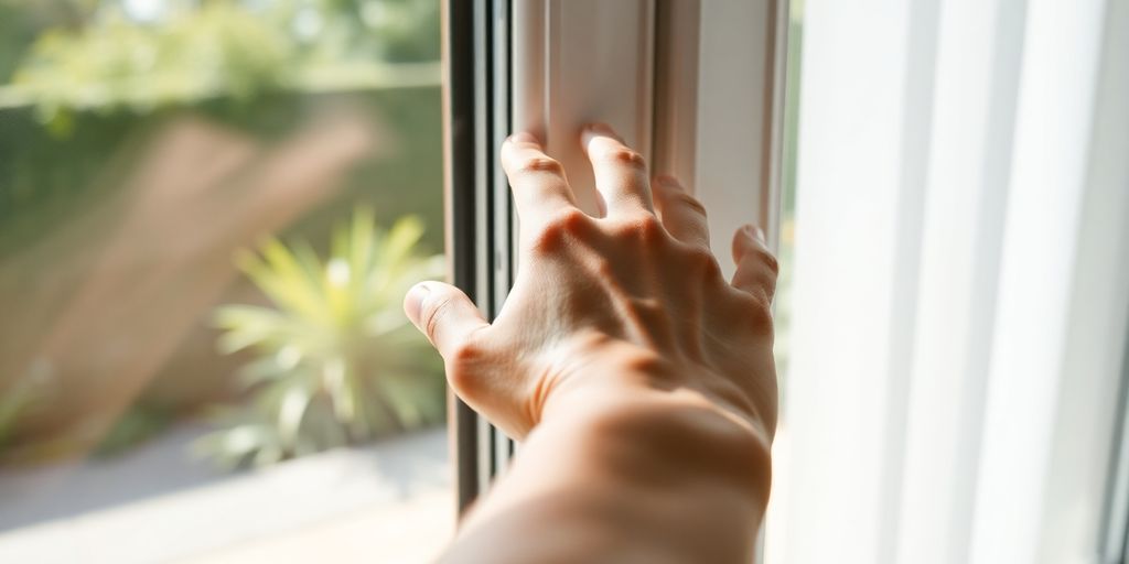 Hand sliding a window open, revealing a garden view.