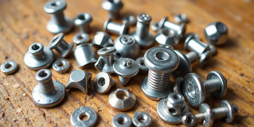 Close-up of different types of rivets on wood.