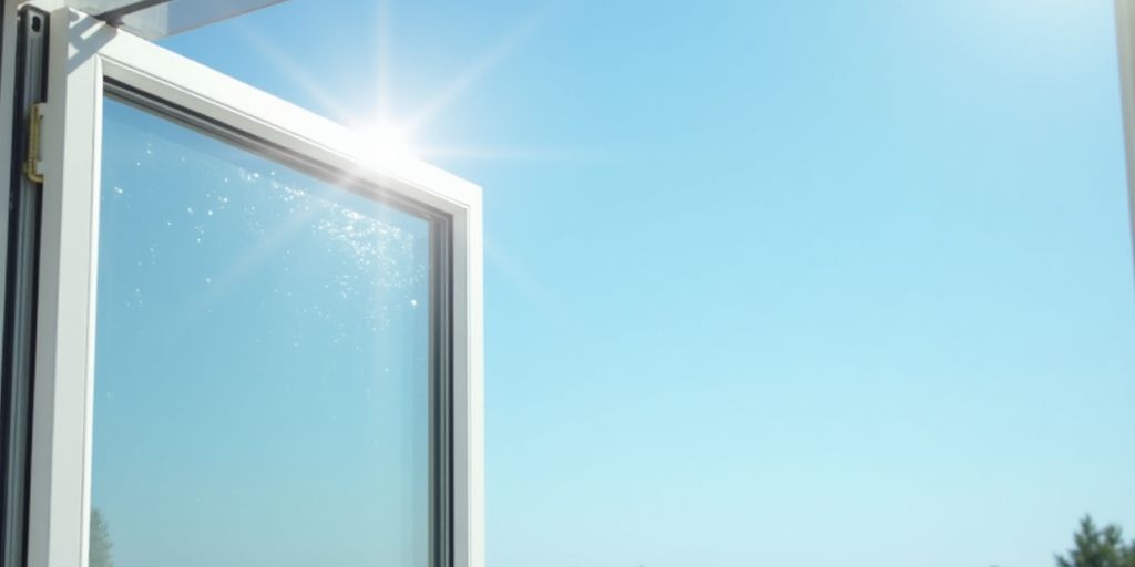 Clean aluminum window frame with shiny surface and blue sky.