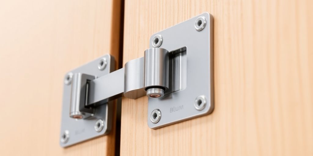 Close-up of Blum hinges on a cabinet door.
