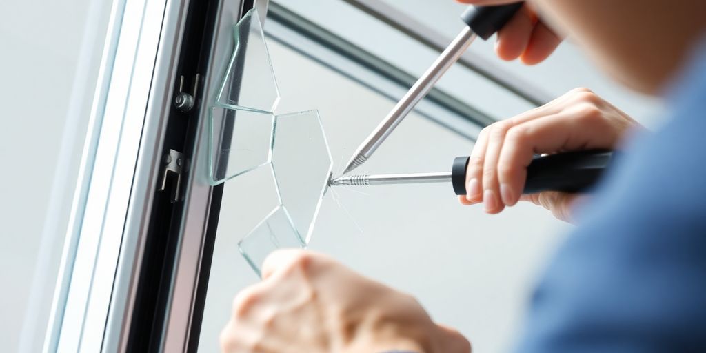 Person fixing broken aluminum frame window.