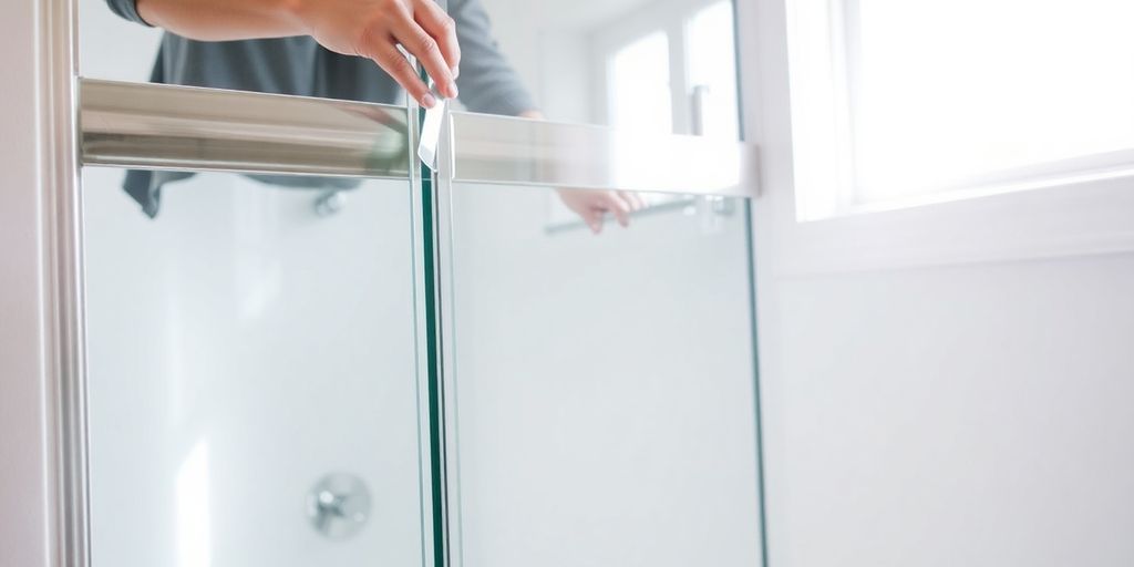 Person removing shower doors from track in bathroom.