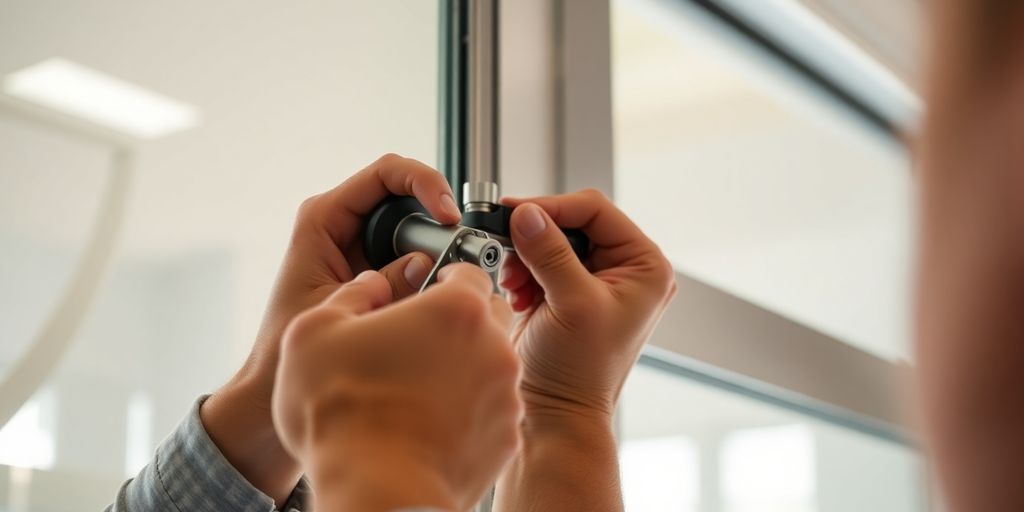 Technician adjusting sliding glass door rollers with tools.