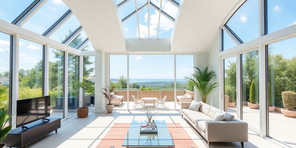 Modern home interior with large atrium windows.
