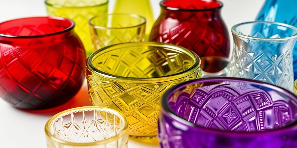 Assorted authentic Viking glassware in diverse colors and shapes.