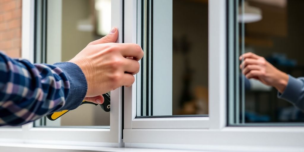 Person removing vertical sliding windows with tools.