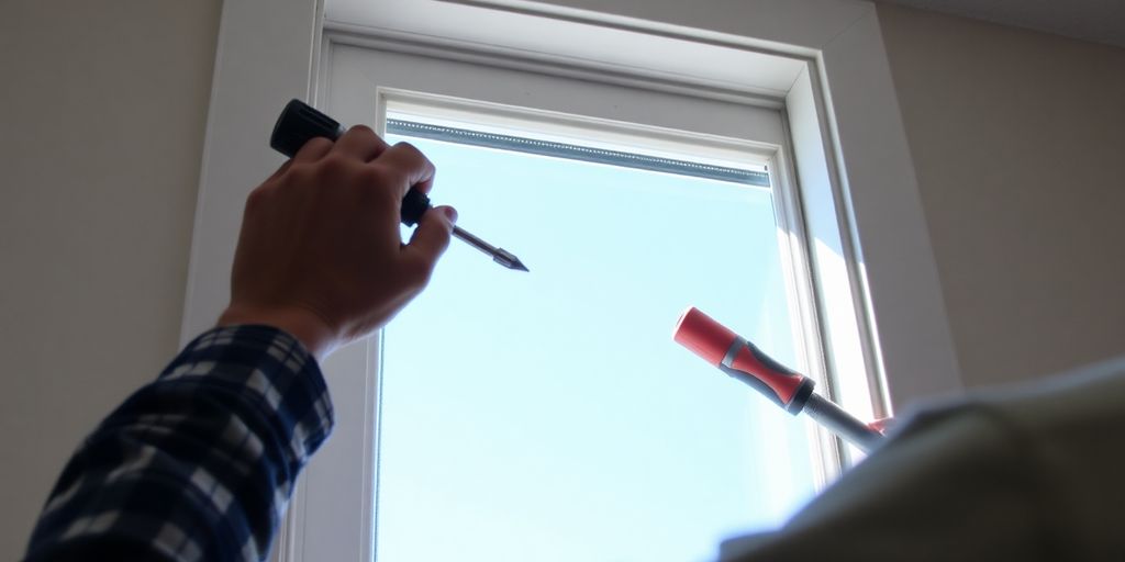 Person replacing a window with tools in hand.