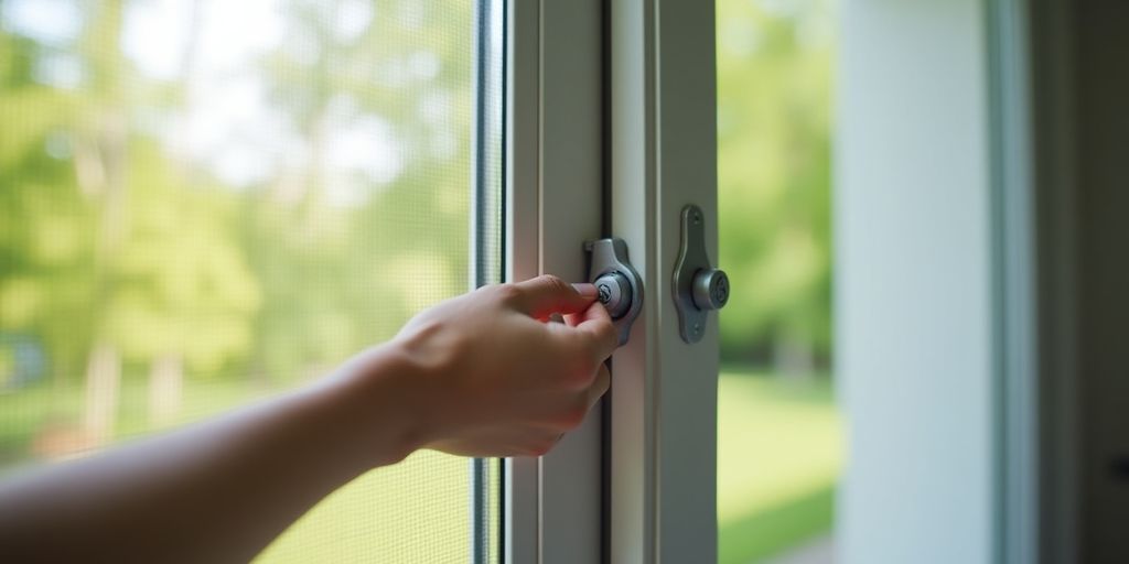 Hand adjusting screen door height with tools.