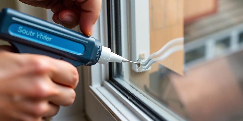 Close-up of hand using caulking gun on window.
