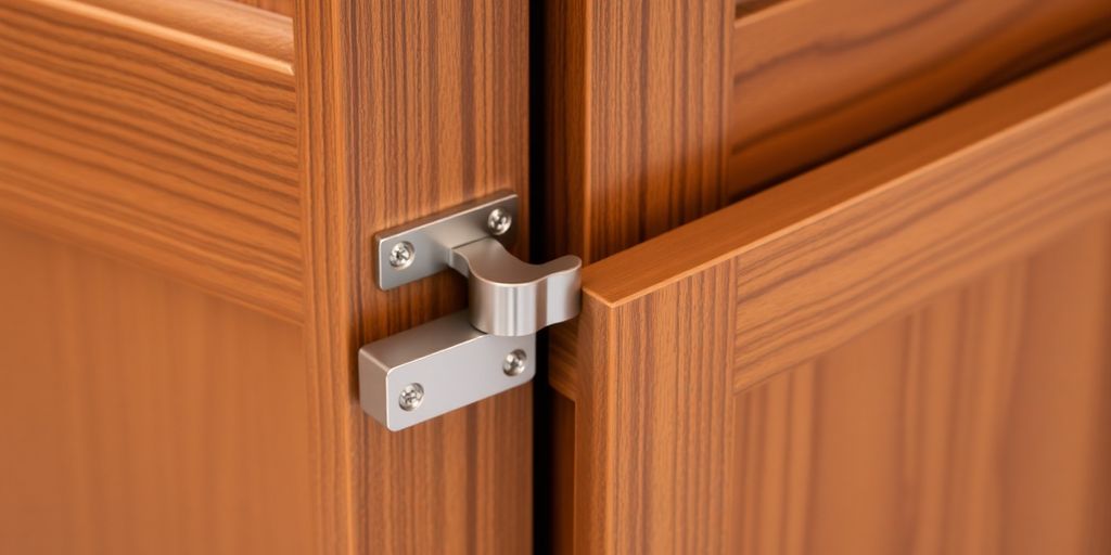 Close-up of soft close hinges on a cabinet door.