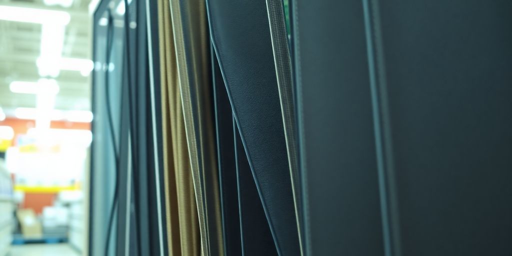 Various replacement screens in a home improvement store.