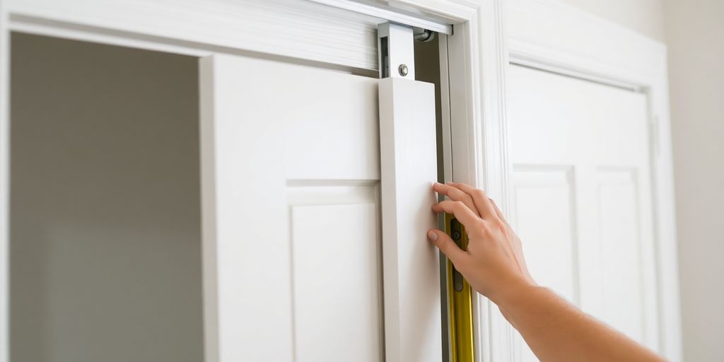 Hand fixing sliding closet door on track.