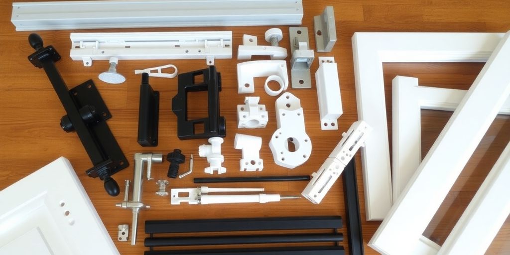 Close-up of storm door parts on wood surface.