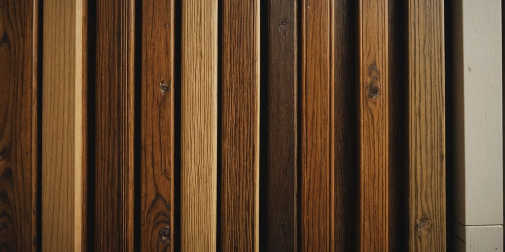 Different wood door weather stripping types on a table.