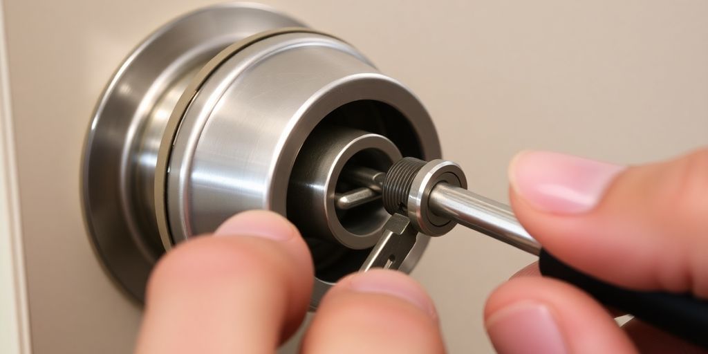 Close-up of a person rekeying a Schlage lock.