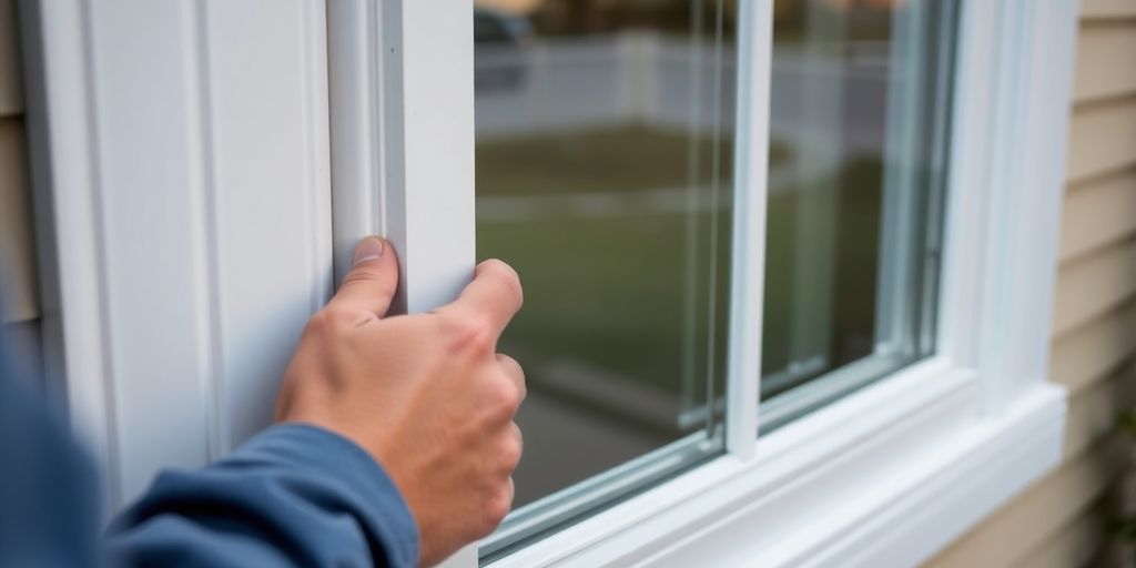 Person sealing a single pane window with weatherstripping.