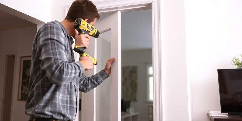 Person installing a swinging door with tools.