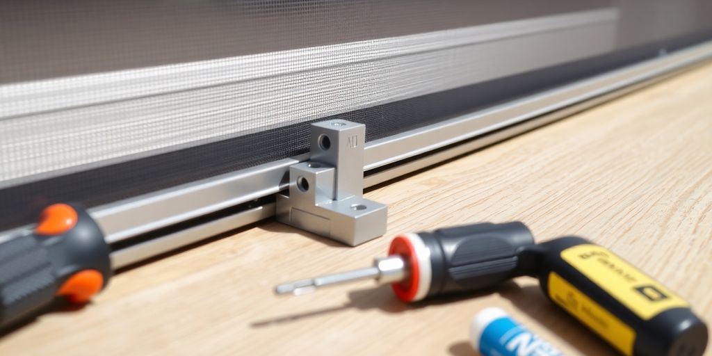 Photograph of a sliding screen door and tools.
