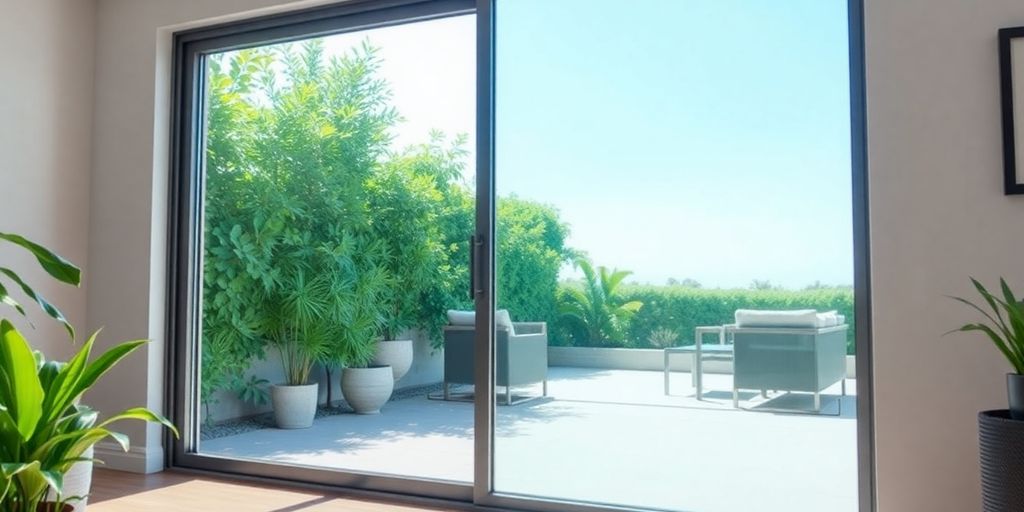 Modern sliding glass door leading to a sunny patio.