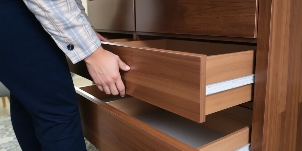 Person removing dresser drawers with bottom slides.
