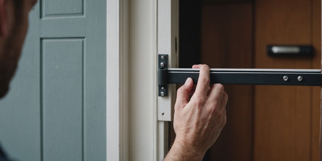 Applying weather stripping to a door for better insulation.