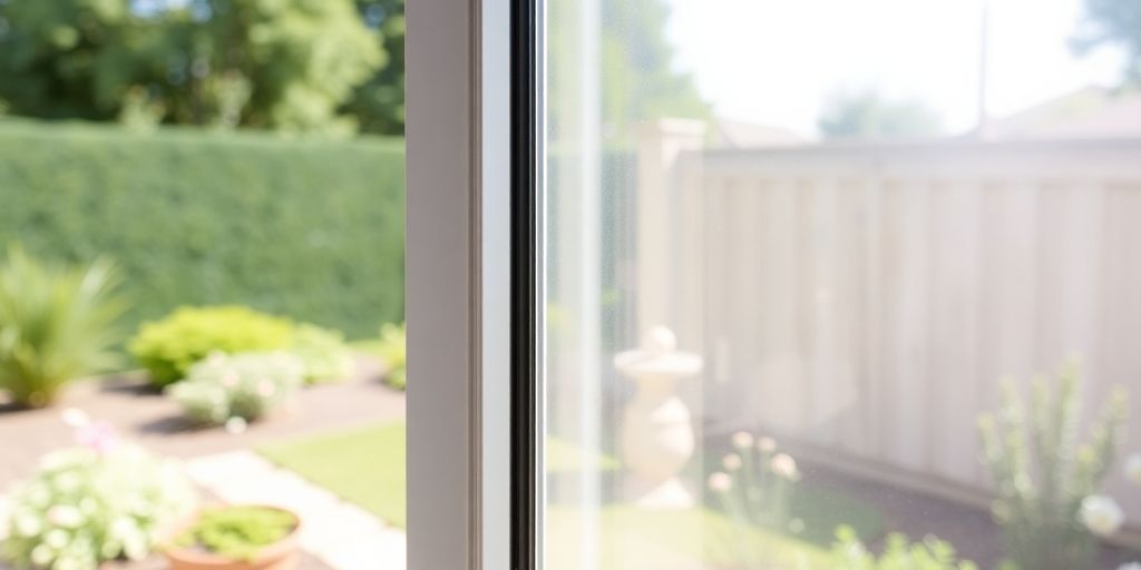 Close-up of a sliding glass door and track.