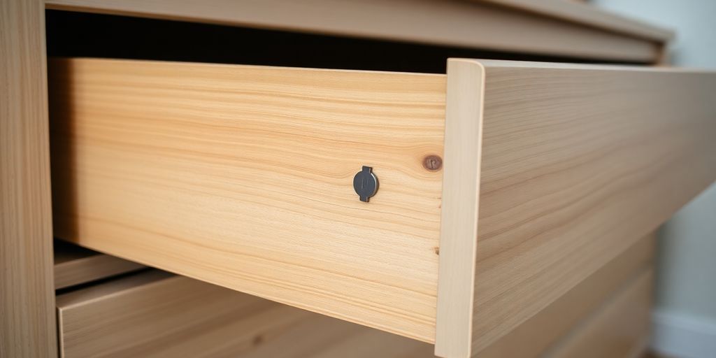 Close-up of sturdy dresser drawers in action.