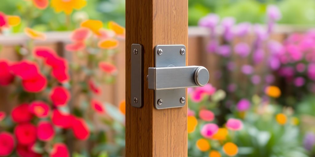 Close-up of a patio door latch on a wooden door.